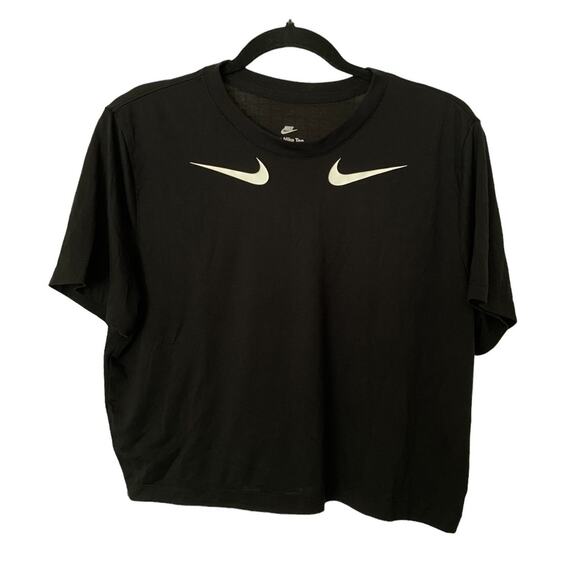 RARE Nike Tee SlimFit Black Cropped Top/Shirt White Logo Crewneck ShortSleeve-XL - Picture 1 of 3